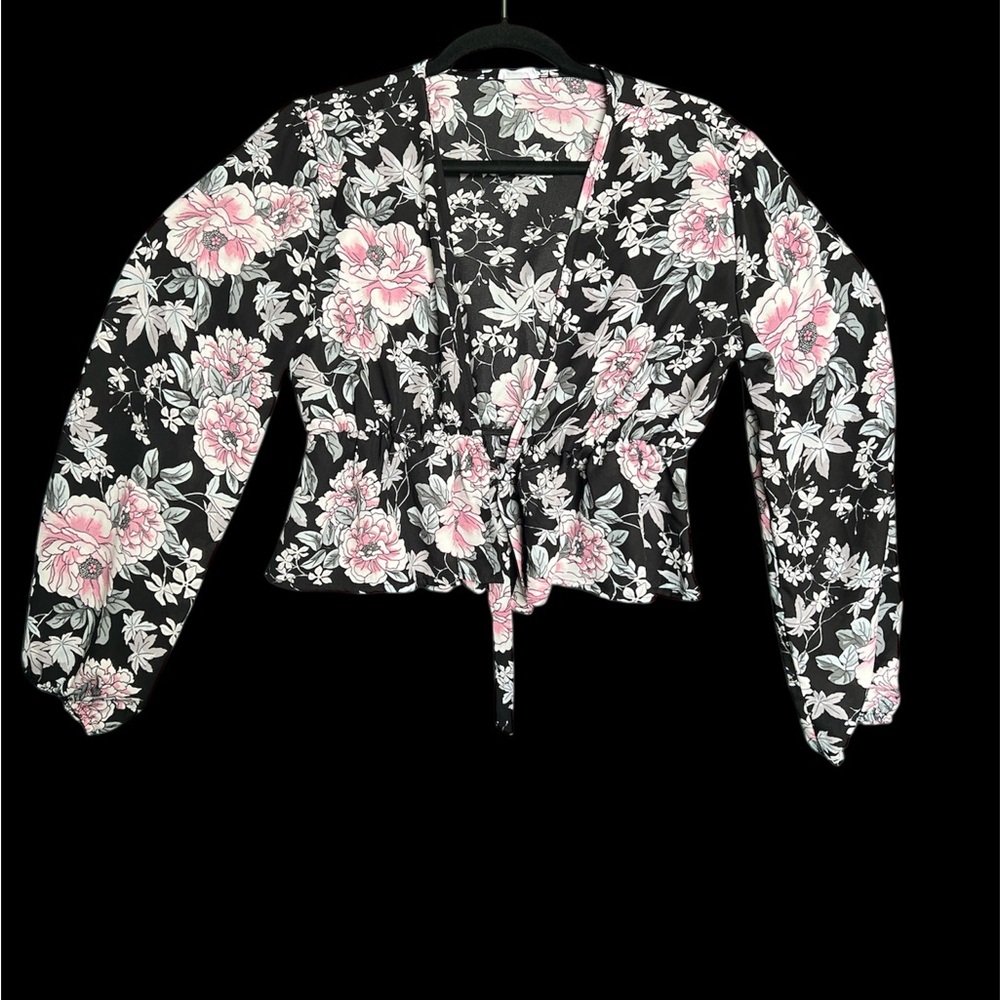 Ripe Black and Pink Floral Top sheer cardigan tie top size small